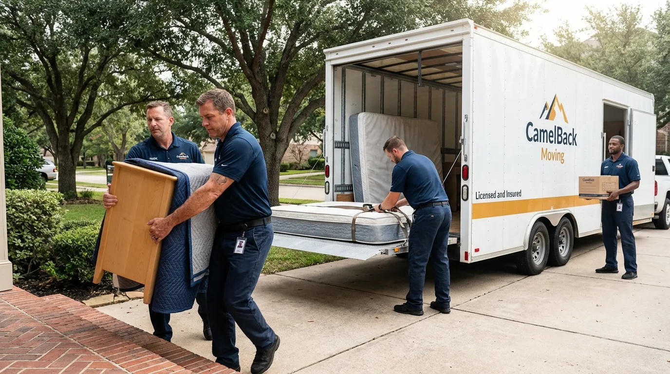 Crew loading residential truck for cross-state move from Scott, LA