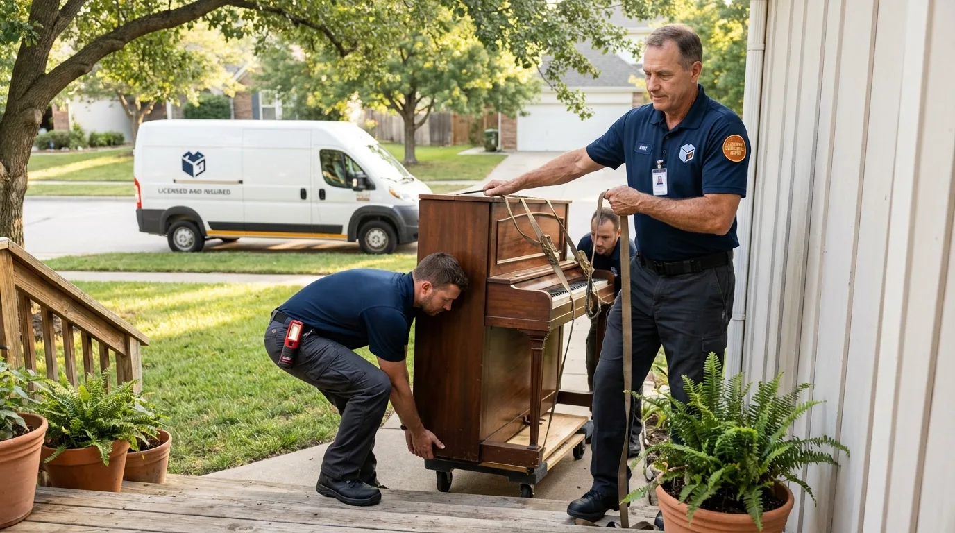 Licensed piano movers securing grand piano in Scott, LA