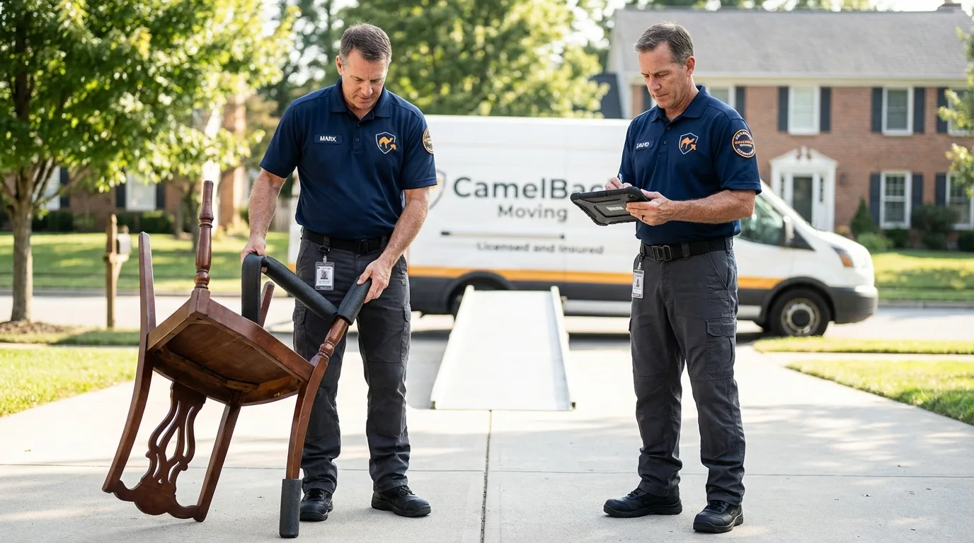 Movers inspecting furniture for damage prevention before loading in Scott, LA