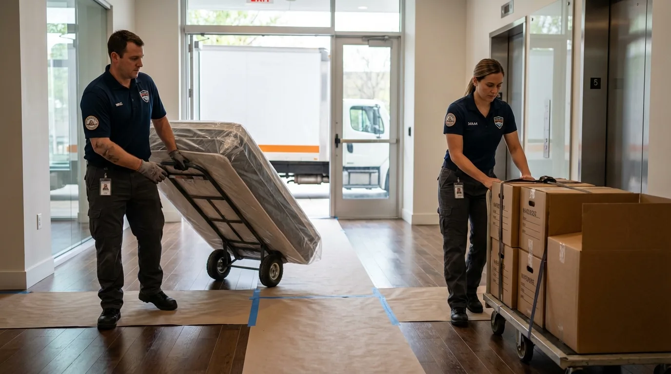 Professional apartment movers loading elevator in Scott, LA